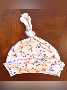 NWT, ‘Mon Cheri’ Knotted Baby Hat with Ruffles, Pink Cherry Print, Size 0-3mo